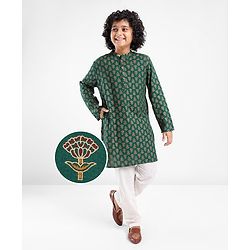Pine Kids 100 % Cotton Woven Full Sleeves Foil Printed    Kurta & Pajama Set - Green