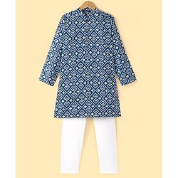Pine Kids 100% Cotton Woven Full Sleeves Kurta & Pyjama Set Floral Print - Navy Blue