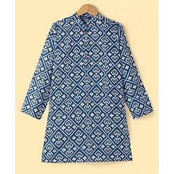 Pine Kids 100% Cotton Woven Full Sleeves Kurta & Pyjama Set Floral Print - Navy Blue