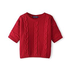 Pine Kids Knit Three Fourth Sleeves Sweater With Cable Knit Design - Deep Red