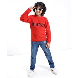 Pine Kids Knit Full Sleeves University Embroidered Sweater - Red