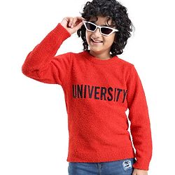 Pine Kids Knit Full Sleeves University Embroidered Sweater - Red