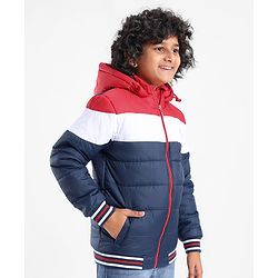 Pine Kids Full Sleeves Medium Winter Hooded Jacket Solid Colour Block Design - Navy Blue