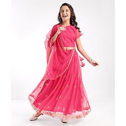 Pine Kids All Over Embroidered Half  Sleeves Choli Lehenga  Set With Dupatta - Pink