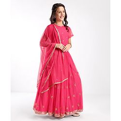 Pine Kids All Over Embroidered Half  Sleeves Choli Lehenga  Set With Dupatta - Pink