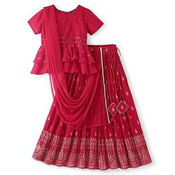 Pine Kids Half Sleeves Floral Embroidered Choli Lehenga Set With Dupatta- Pink