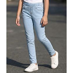 Pine Kids Cotton Stretchable Full Length Denim Jegging with Adjustable Waist Band - Ice Blue