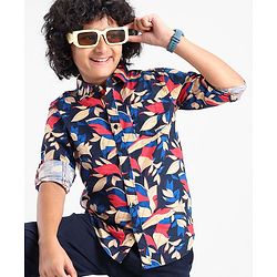 Pine Kids Cotton Roll Up Full Sleeves Leaves Printed Shirt- Navy Blue