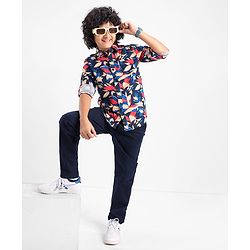 Pine Kids Cotton Roll Up Full Sleeves Leaves Printed Shirt- Navy Blue