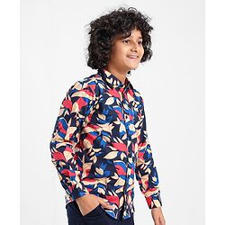 Pine Kids Cotton Roll Up Full Sleeves Leaves Printed Shirt- Navy Blue