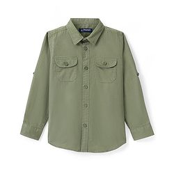 Pine Kids Cotton Twill Roll Up Full Sleeves Shirt Solid- Green