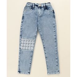 Pine Kids Cotton Elastane Full Length Denim Jeans with Lace Detailing- Light Blue