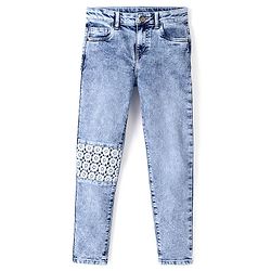 Pine Kids Cotton Elastane Full Length Denim Jeans with Lace Detailing- Light Blue