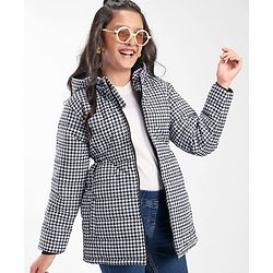 Pine Kids Full Sleeves Checked Print Medium Winter Hooded Jacket - Black & White