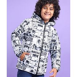 Pine Kids Full Sleeves Hooded Anime Printed Heavy Winter Jacket - Black & White