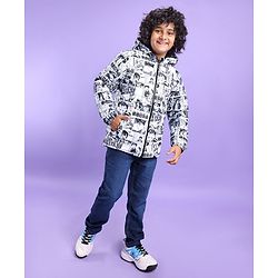 Pine Kids Full Sleeves Hooded Anime Printed Heavy Winter Jacket - Black & White