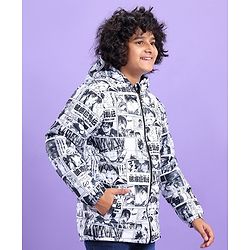 Pine Kids Full Sleeves Hooded Anime Printed Heavy Winter Jacket - Black & White