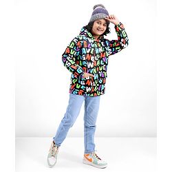 Pine Kids Woven Full Sleeves Text Printed Medium Winter Hooded Jacket - Multicolor