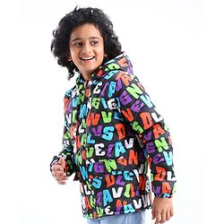 Pine Kids Woven Full Sleeves Text Printed Medium Winter Hooded Jacket - Multicolor