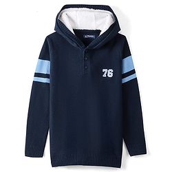 Pine Kids Full Sleeves Hooded Sweater With Embroidery - Navy Blue