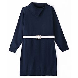 Pine Kids Full Sleeves Fine Knit Solid Woolen Dress with Belt - Navy