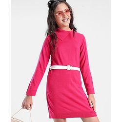 Pine Kids Full Sleeves Fine Knit Solid Color Sweater Dress with Belt - Pink