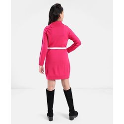 Pine Kids Full Sleeves Fine Knit Solid Color Sweater Dress with Belt - Pink