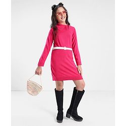 Pine Kids Full Sleeves Fine Knit Solid Color Sweater Dress with Belt - Pink