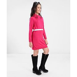 Pine Kids Full Sleeves Fine Knit Solid Color Sweater Dress with Belt - Pink