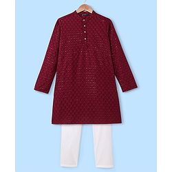 Pine Kids All Over Embroidered Full Sleeves Kurta Pyjama Set - Red