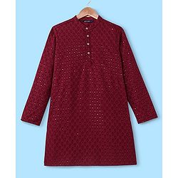 Pine Kids All Over Embroidered Full Sleeves Kurta Pyjama Set - Red