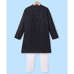 Pine Kids All Over Embroidered Full Sleeves Kurta Pyjama Set - Black