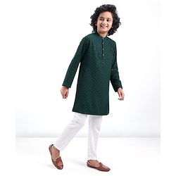 Pine Kids Full Sleeves All Over Sequined Embroidered Kurta Pyjama Set- Green