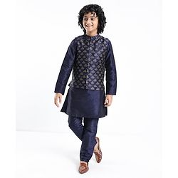 Pine Kids Printed Full Sleeves Kurta Pyjama with Floral Printed Bandi - Navy Blue