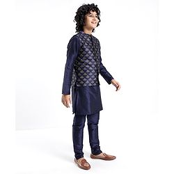 Pine Kids Printed Full Sleeves Kurta Pyjama with Floral Printed Bandi - Navy Blue