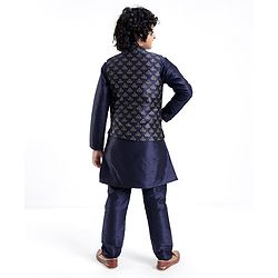 Pine Kids Printed Full Sleeves Kurta Pyjama with Floral Printed Bandi - Navy Blue