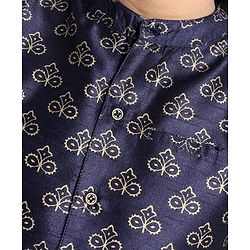 Pine Kids Printed Full Sleeves Kurta Pyjama with Floral Printed Bandi - Navy Blue