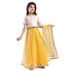 Pine Kids Half Sleeves Chevron Embroidered Choli & Lehenga with  Dupatta Set- Yellow