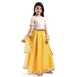 Pine Kids Half Sleeves Chevron Embroidered Choli & Lehenga with  Dupatta Set- Yellow