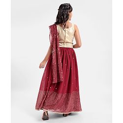 Pine Kids Sleeveless Sequined Choli Lehenga Set In Saree Style- Maroon