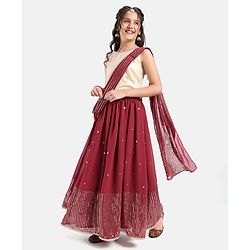 Pine Kids Sleeveless Sequined Choli Lehenga Set In Saree Style- Maroon