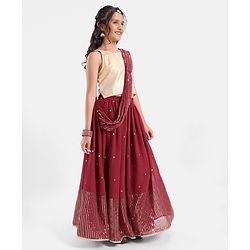 Pine Kids Sleeveless Sequined Choli Lehenga Set In Saree Style- Maroon