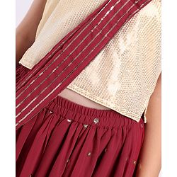 Pine Kids Sleeveless Sequined Choli Lehenga Set In Saree Style- Maroon
