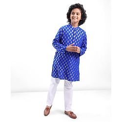 Pine Kids Foil Printed Full Sleeves Kurta Pyjama Set-  Blue
