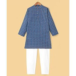 Pine Kids Cotton Full Sleeves All Over Printed Kurta Pyjama Set- Blue