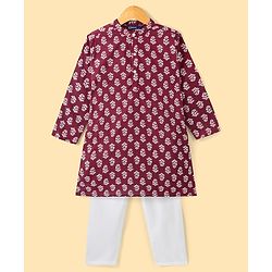 Pine Kids Cotton Woven Full Sleeves Floral Printed Kurta & Pajama Set - Maroon