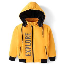 Pine Kids Full Sleeves Solid Color With Explore Printed Medium Winter Hooded Jacket - Yellow