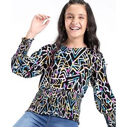 Pine Kids Full Sleeves Abstract Printed Top With Elasticated Fit - Black