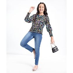 Pine Kids Full Sleeves Abstract Printed Top With Elasticated Fit - Black