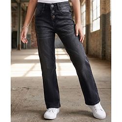 Pine Kids Denim Woven Full Length Bell Bottom Washed Jeans - Black